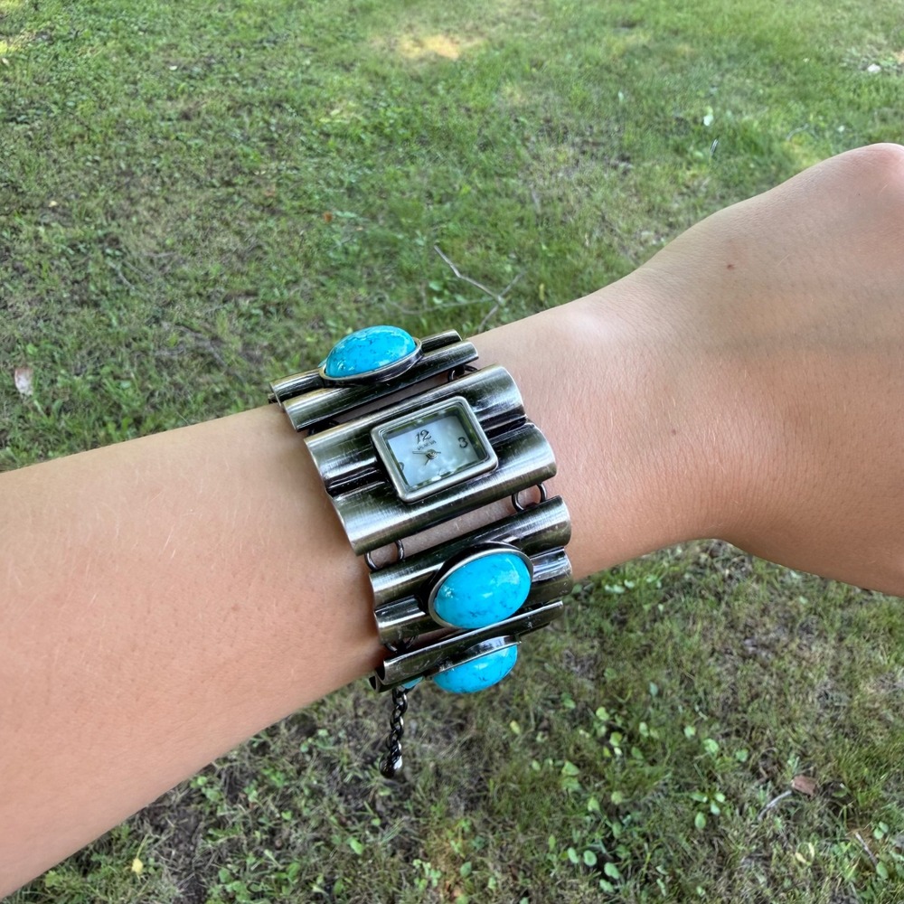 Geneva Cuff Watch Womens Silver Turquoise Stone Boho Western Statement